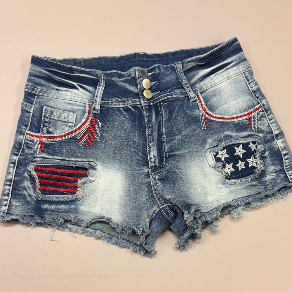 Blue and Red Distressed Jean Shorts with Patriotic Patches